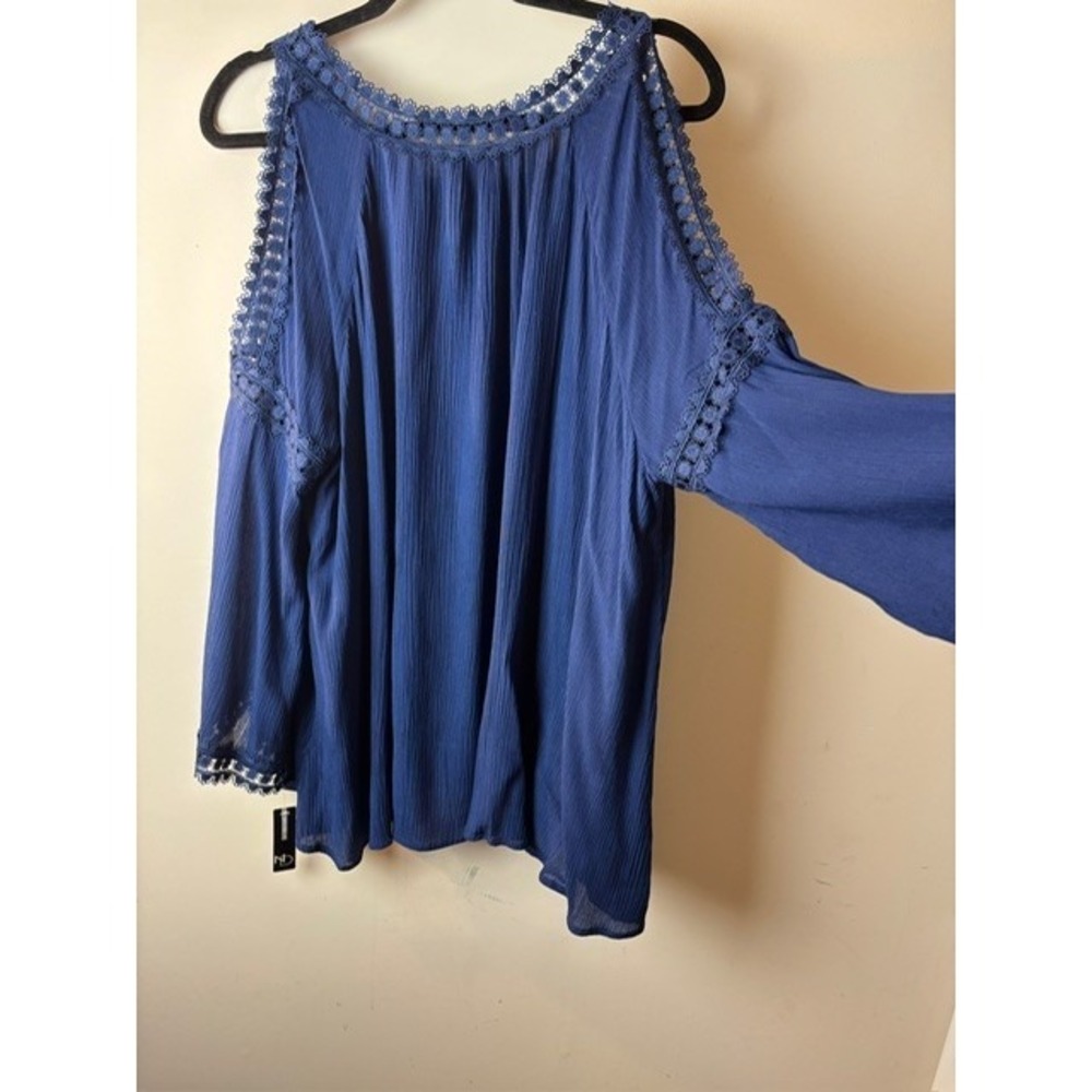 New Womens XL Cold-Shoulder Peasant Blouse Navy Woven Polished Eyelet Boho - Picture 2 of 7